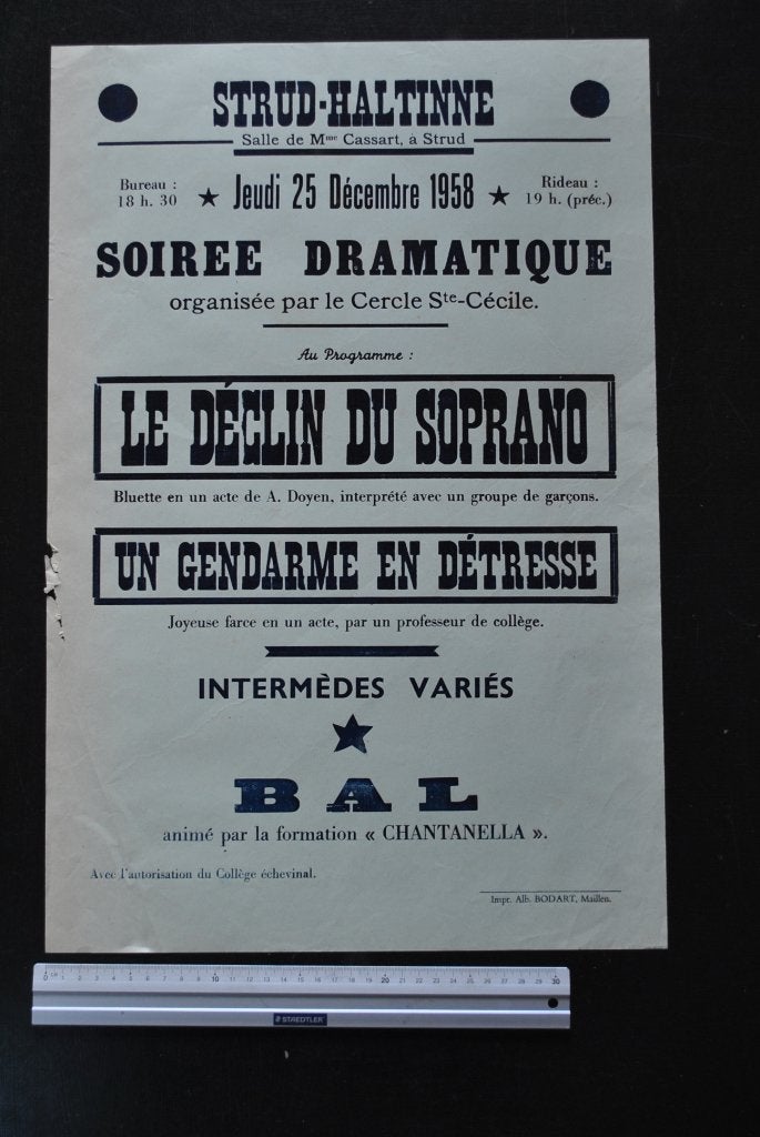 AFFICHE 1958 STRUD-HALTINNE CERCLE SAINTE CECILE THEATRE, Collections, Enlèvement ou Envoi, Utilisé
