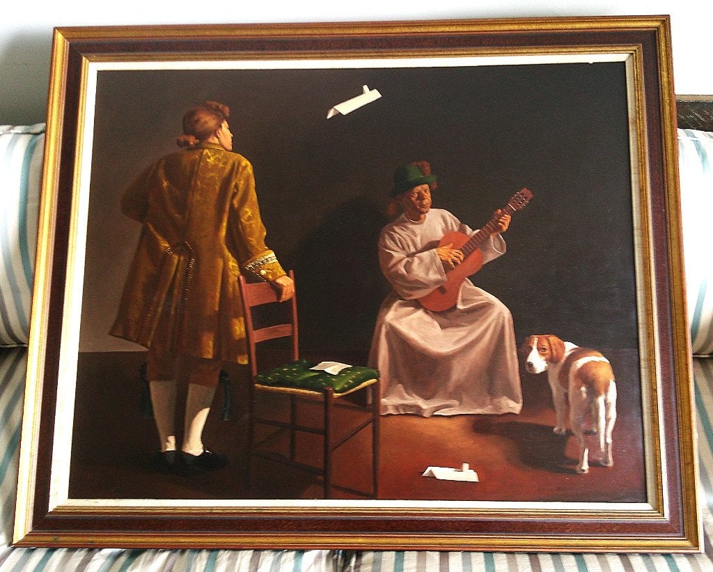 Musicien (lui-même peintre) et chien - A.M. Steenbergen 1962, Antiquités & Art, Portrait ou Personnes, Peinture à l'huile, Panneau