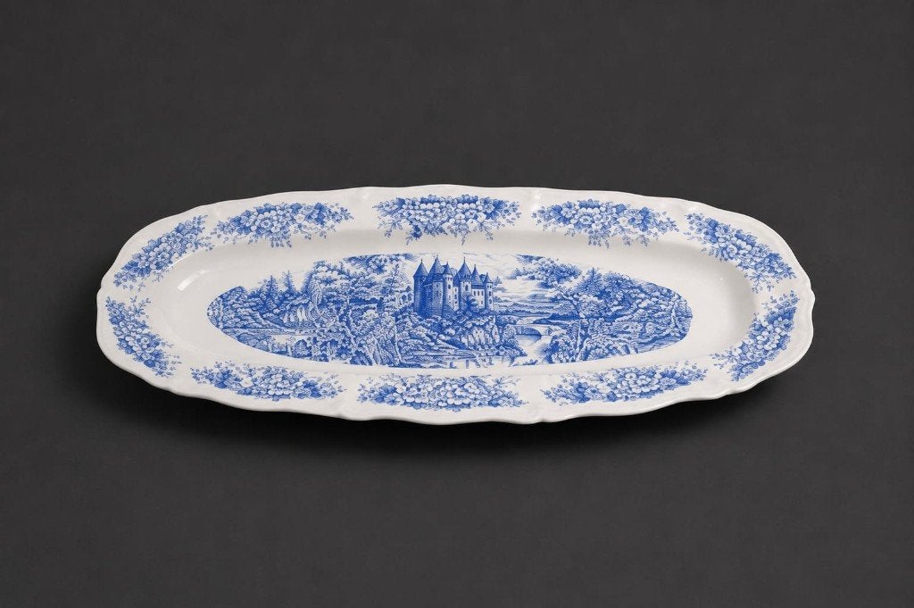 Grand plat ovale Sarreguemines Castle bleu, Antiquités & Art, Antiquités | Céramique & Poterie, Enlèvement