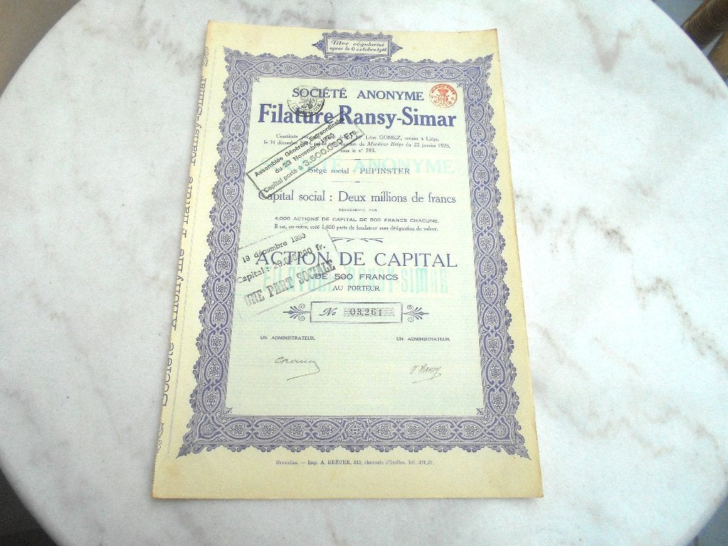 ancienne action Filature Ransy Simar  Textile Pepinster 1925, Enlèvement ou Envoi, 1920 à 1950, Action