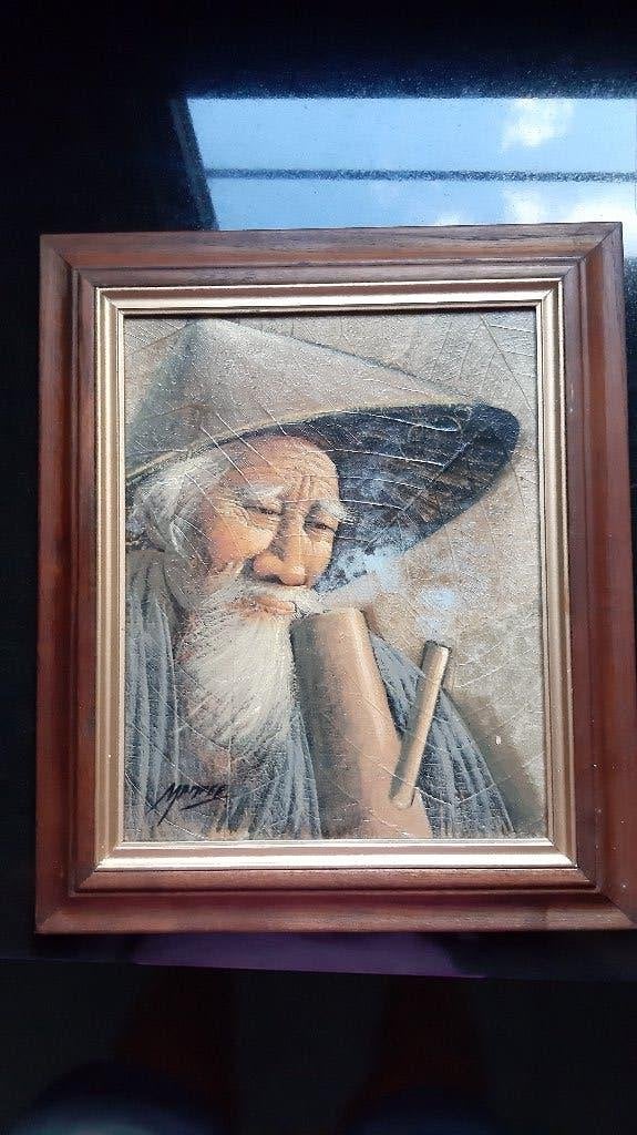 Olieverfschilderij op tabaksbladeren, Antiquités & Art, Art | Peinture | Classique, Portrait ou Personnes, Enlèvement, Vintage