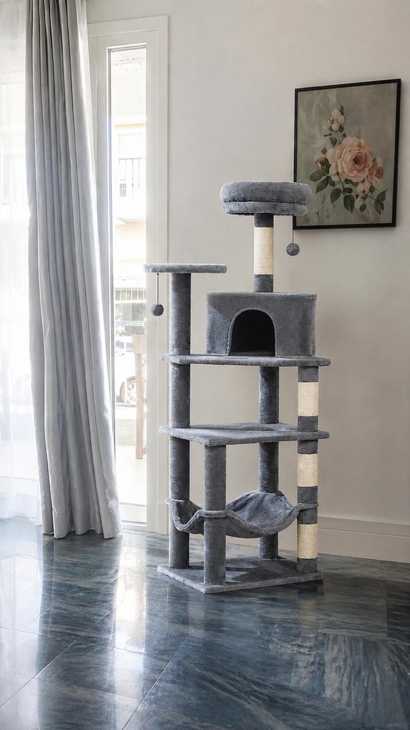 Donkergrijze kattenkrabpaal 140 cm met hangmat en slaaphuis, Dieren en Toebehoren, Ophalen of Verzenden, Zo goed als nieuw