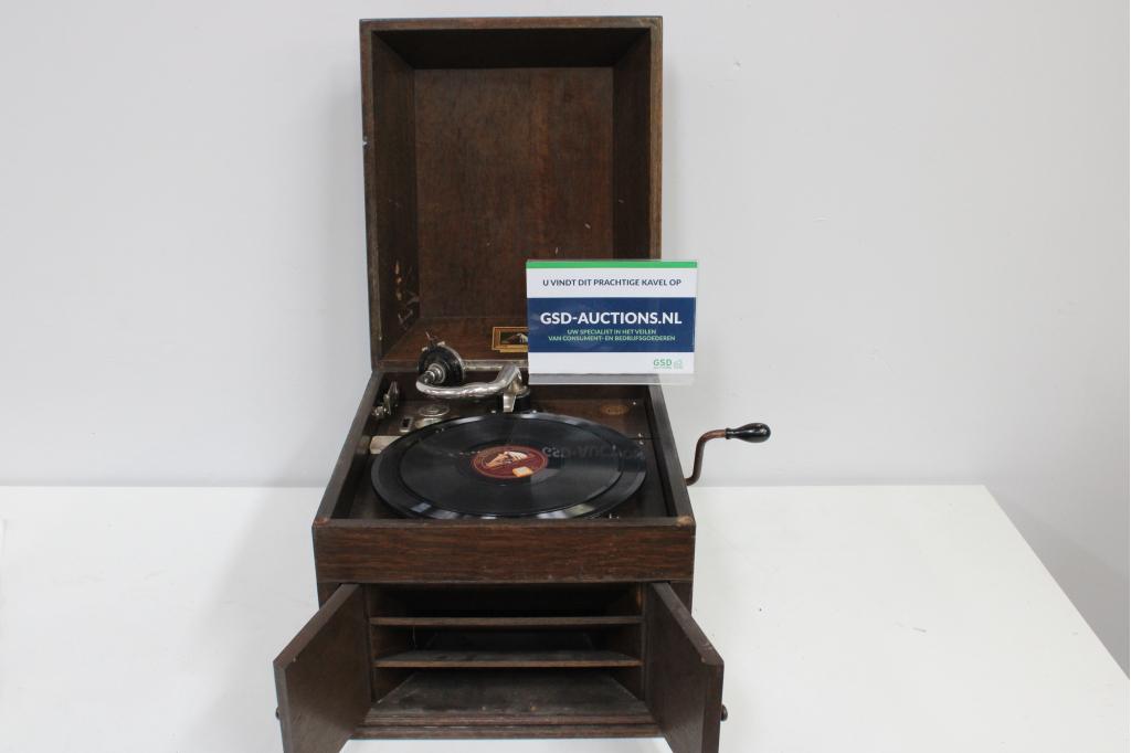 Antieke His Master's Voice Grammofoon met 3 Platen, Niet ingevuld, Niet ingevuld, Niet ingevuld