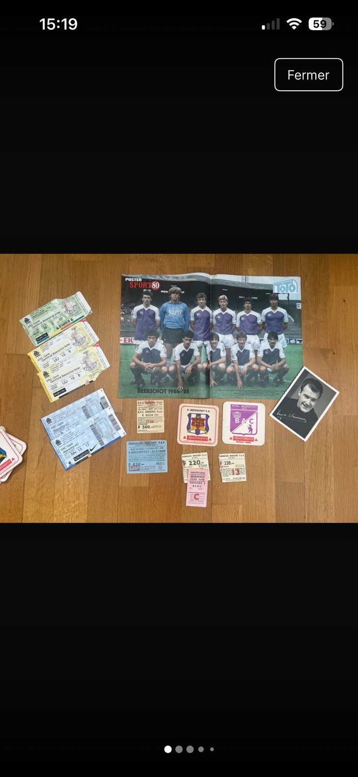 Fotoposter met kaartjes voor Beerschot, Verzamelen, Sportartikelen en Voetbal, Verzenden, Gebruikt, Poster, Plaatje of Sticker