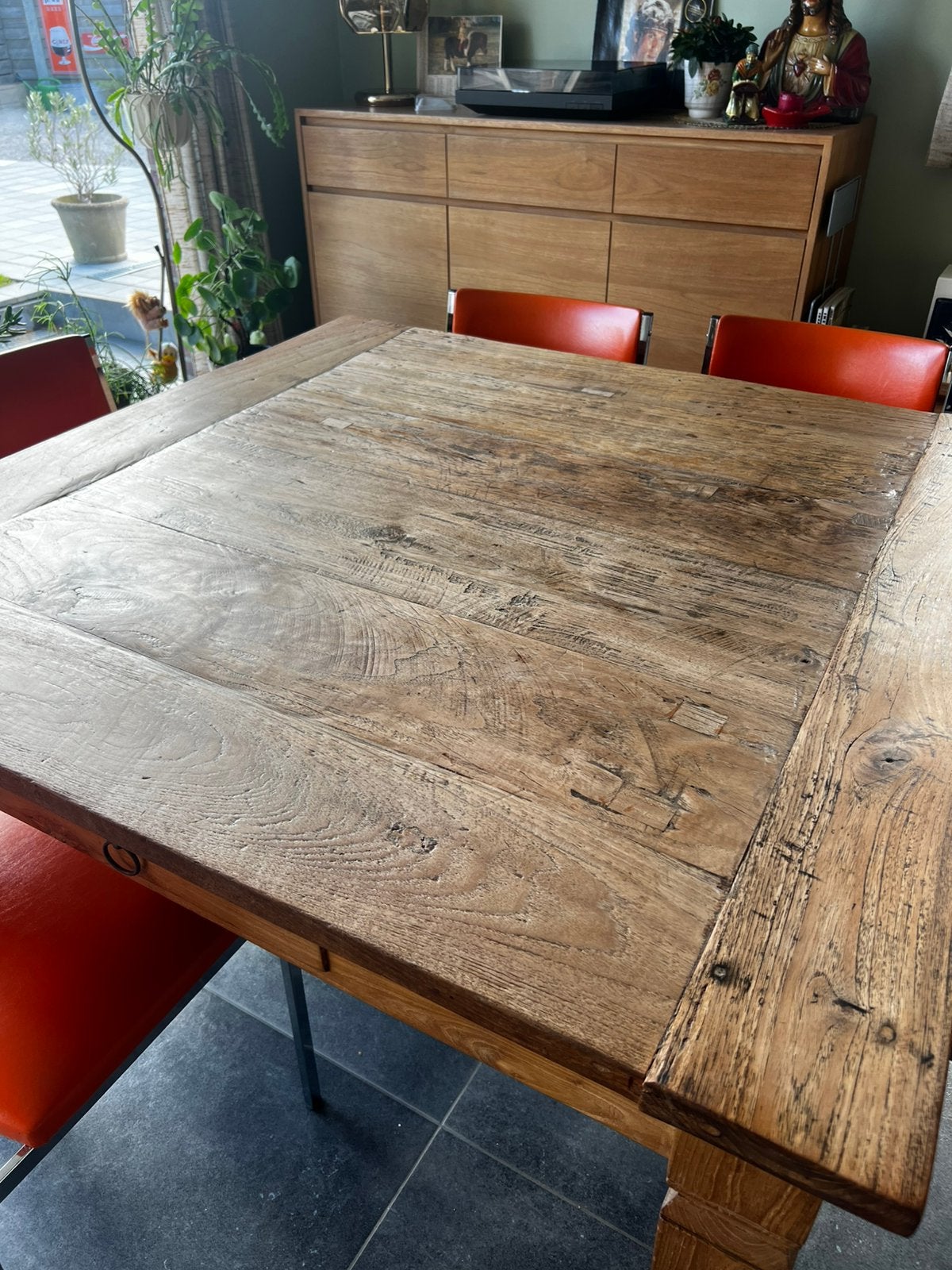 Robuuste eettafel massief teakhout 120 x 120 cm, Ophalen, Gebruikt, Vier personen, 100 tot 150 cm