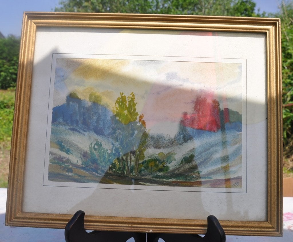 cadre avec copie d'aquarelle, Huis en Inrichting, Woonaccessoires | Lijsten, Gebruikt, Overige typen, Hout, Goud, Met afbeelding