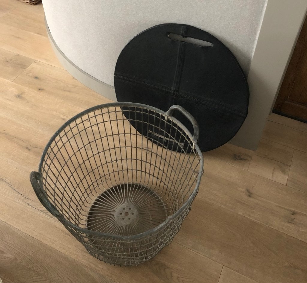 Zinken aardappelmand brocante met dienblad in leder, Antiek en Kunst, Ophalen