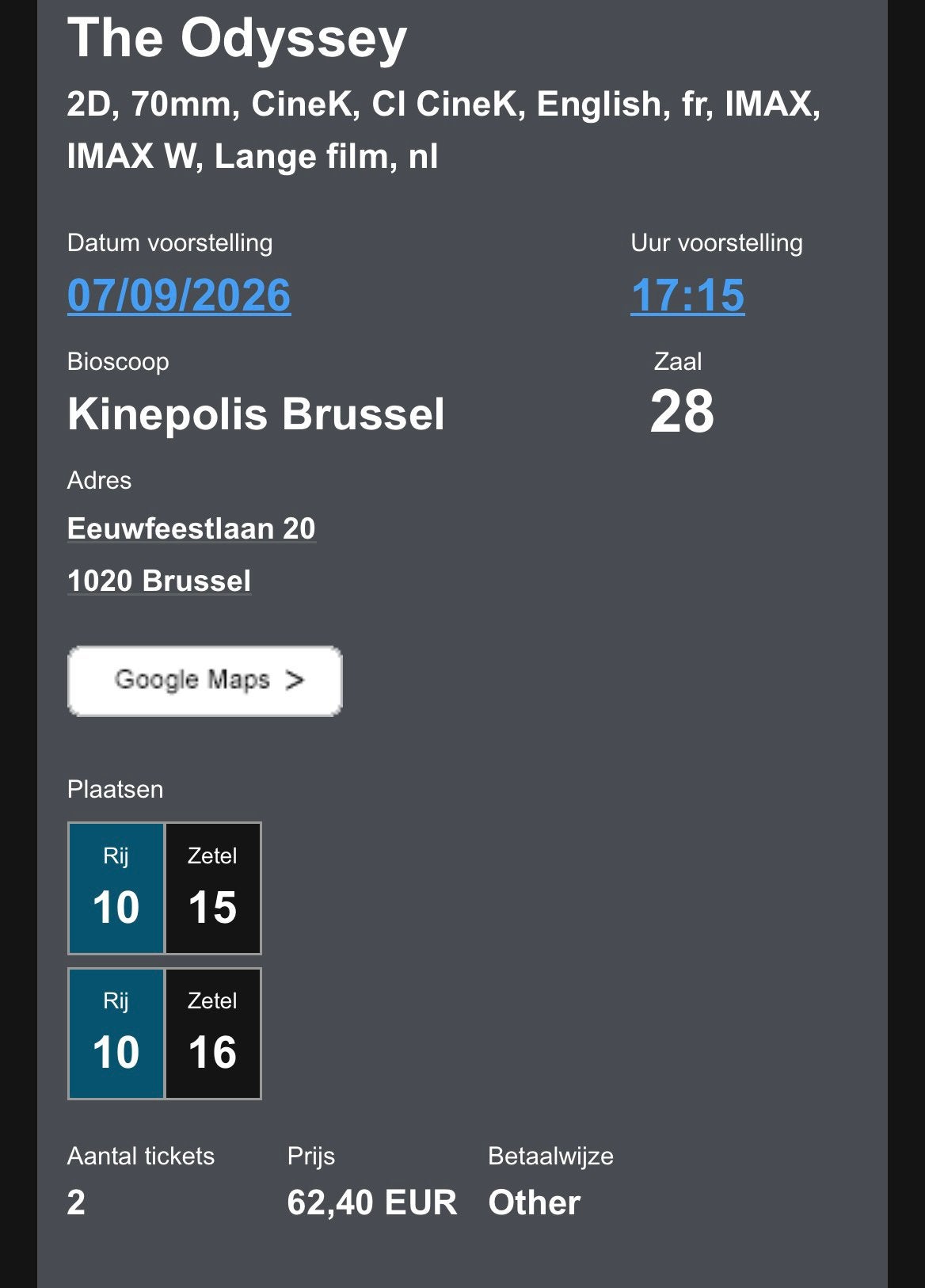 Odyssey IMAX 70mm kinepolis brussel, Bestemd voor IMAX, Vrijkaartje specifieke film