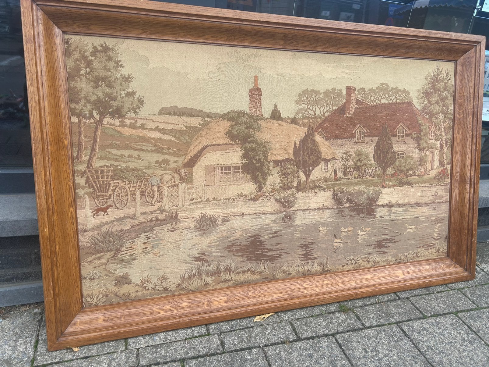 vintage gobelin-wandtapijt in een stevige, klassieke houten., Ophalen, Vintage, Doek