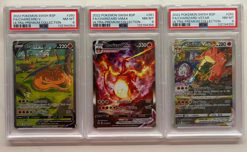 3- card Charizard set / PSA 8 / consecutive numbers !, Ophalen, Zo goed als nieuw