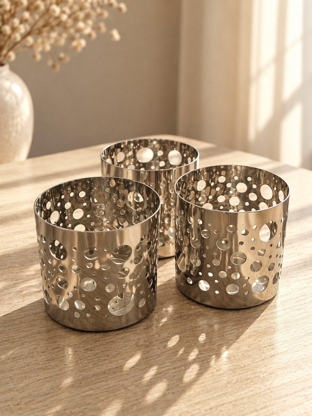 Set van 3 zilverkleurige theelichthouders – modern design, Ophalen of Verzenden, Metaal