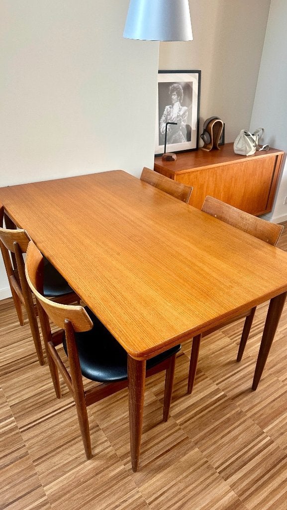 Vintage/retro tafel en stoelen, Teck, Quatre personnes, 200 cm ou plus, Enlèvement
