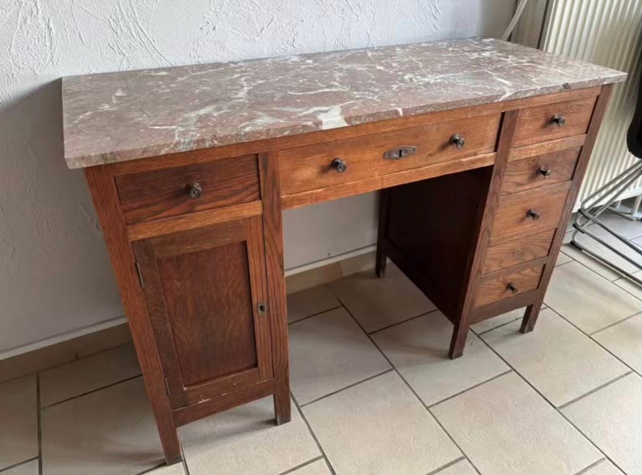 Bureau ancien en chêne avec plateau marbre, Maison & Meubles, 120 cm, 50 cm, Vintage, Rose