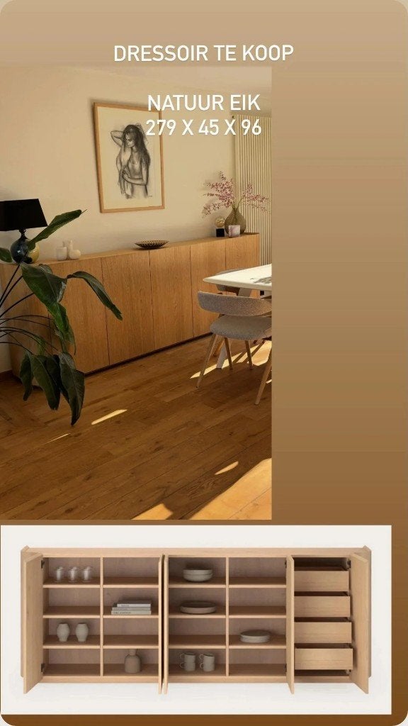 Dressoir - eik, Ophalen, 75 cm of meer, Eikenhout, 200 cm of meer