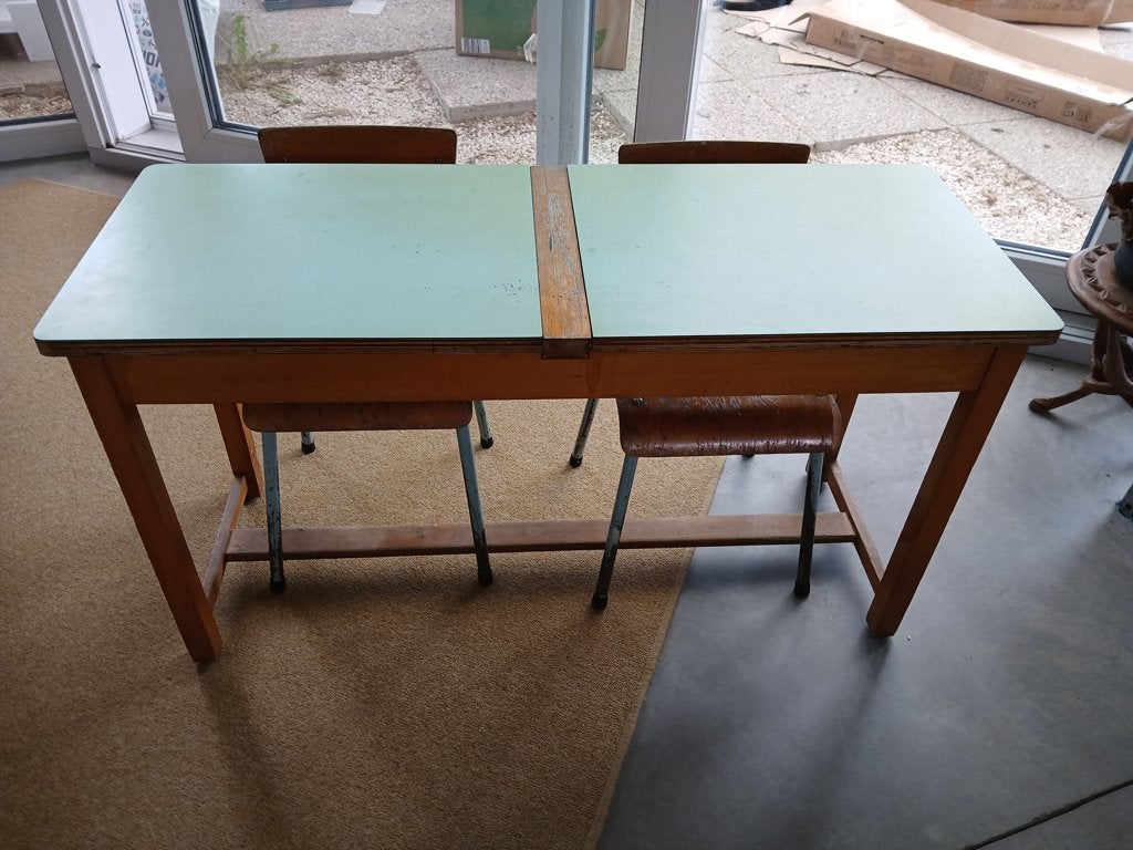 Banc d'école vintage avec 2 chaises, Enlèvement, Utilisé, Table(s) et Chaise(s)