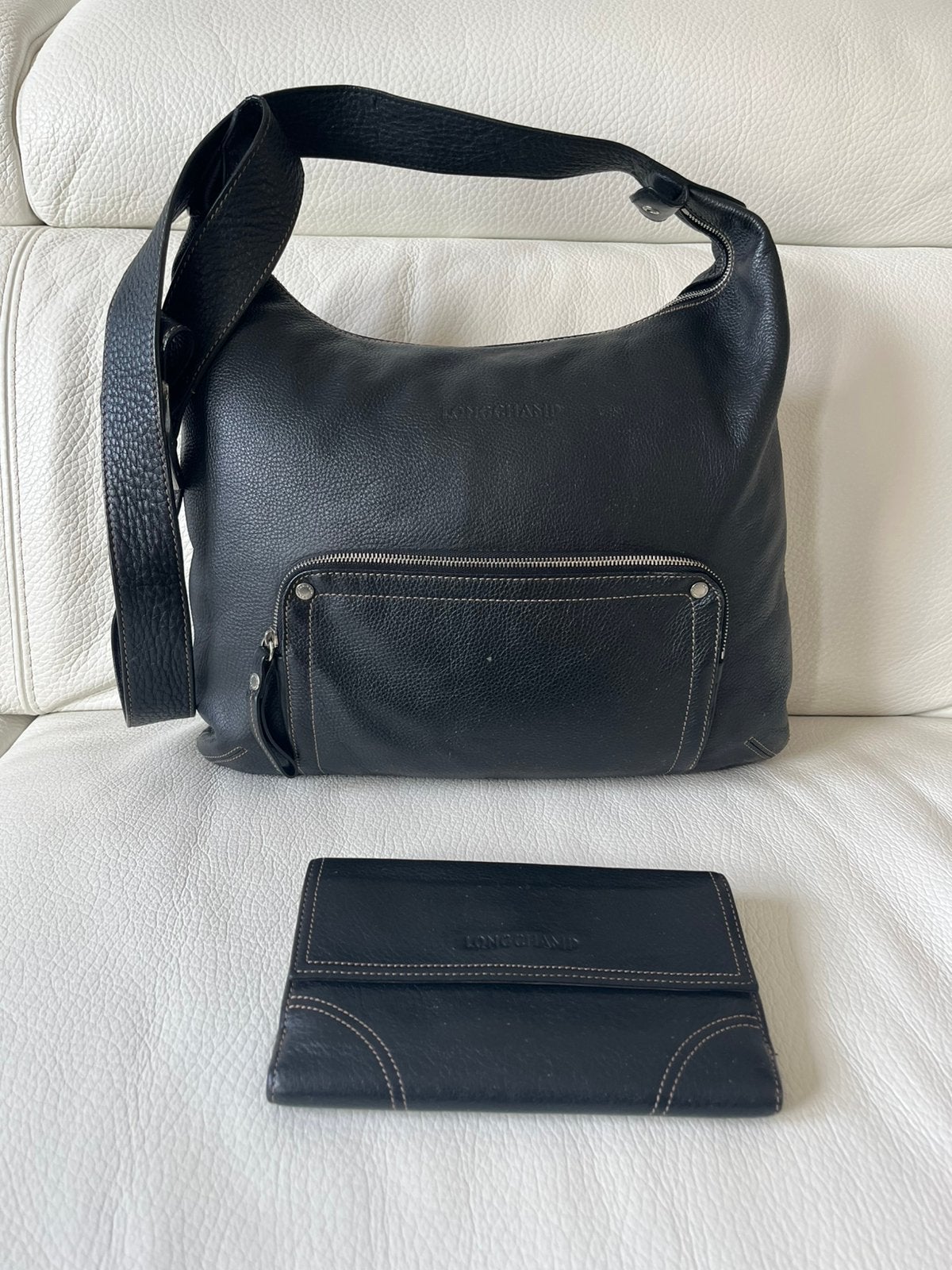 Ensemble sac &portefeuille cuir marron foncé cuir Longchamp, Enlèvement ou Envoi, Comme neuf, Noir