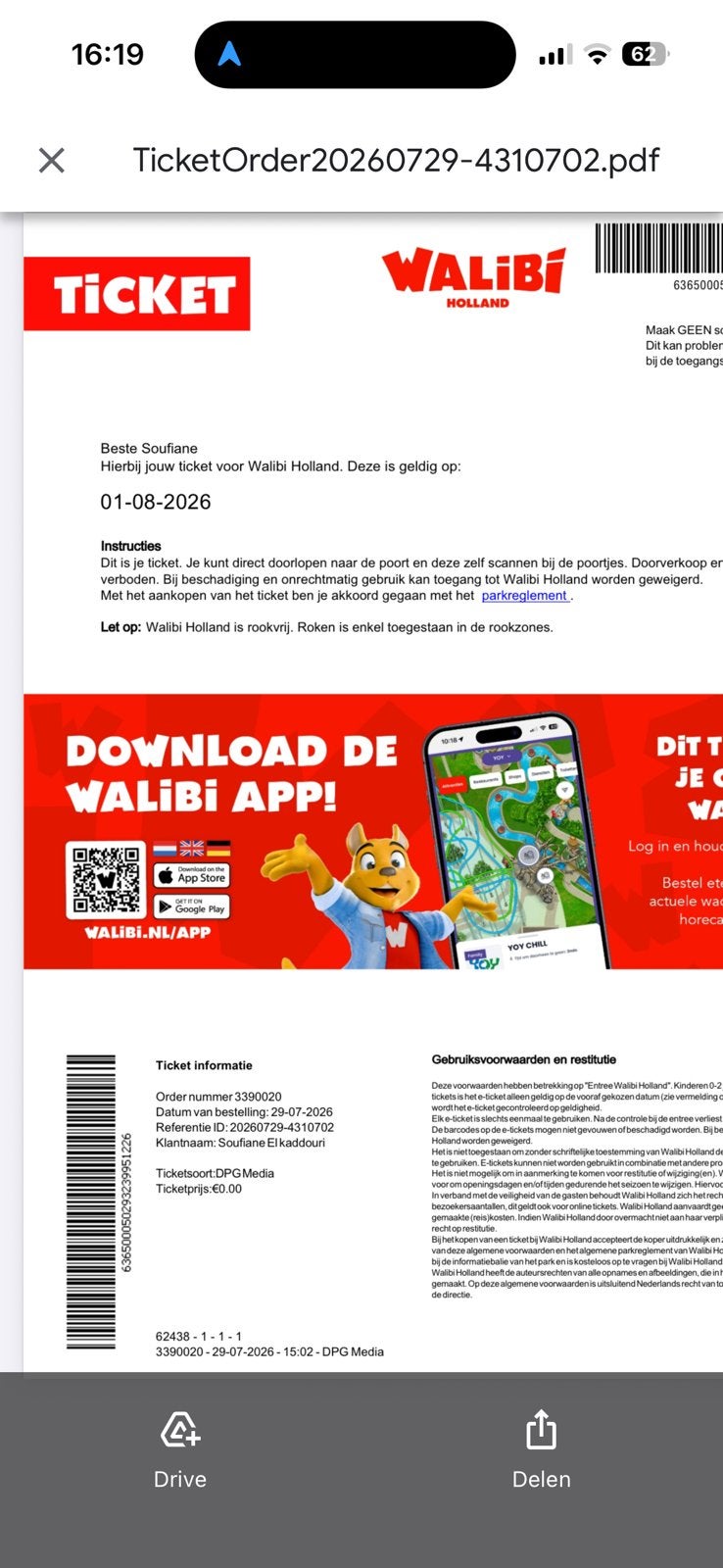Tickets walibi Nederland, Eén persoon, Arrangement, Ticket of Toegangskaart