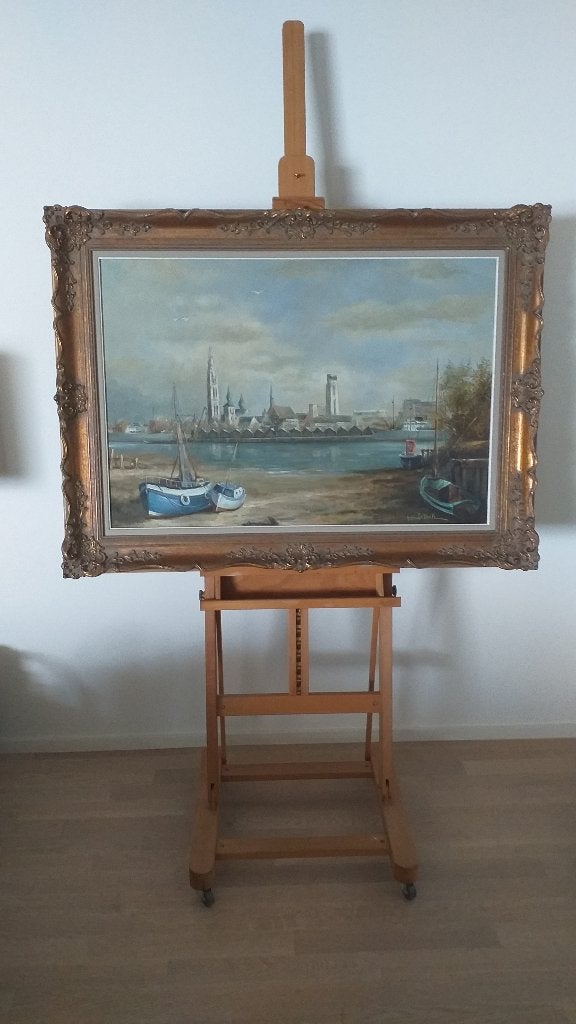 Zicht op kaaien, boerentoren en kathedraal in Antwerpen, Antiek en Kunst, 1950 - 1999, 120 cm, 100 cm, Ophalen