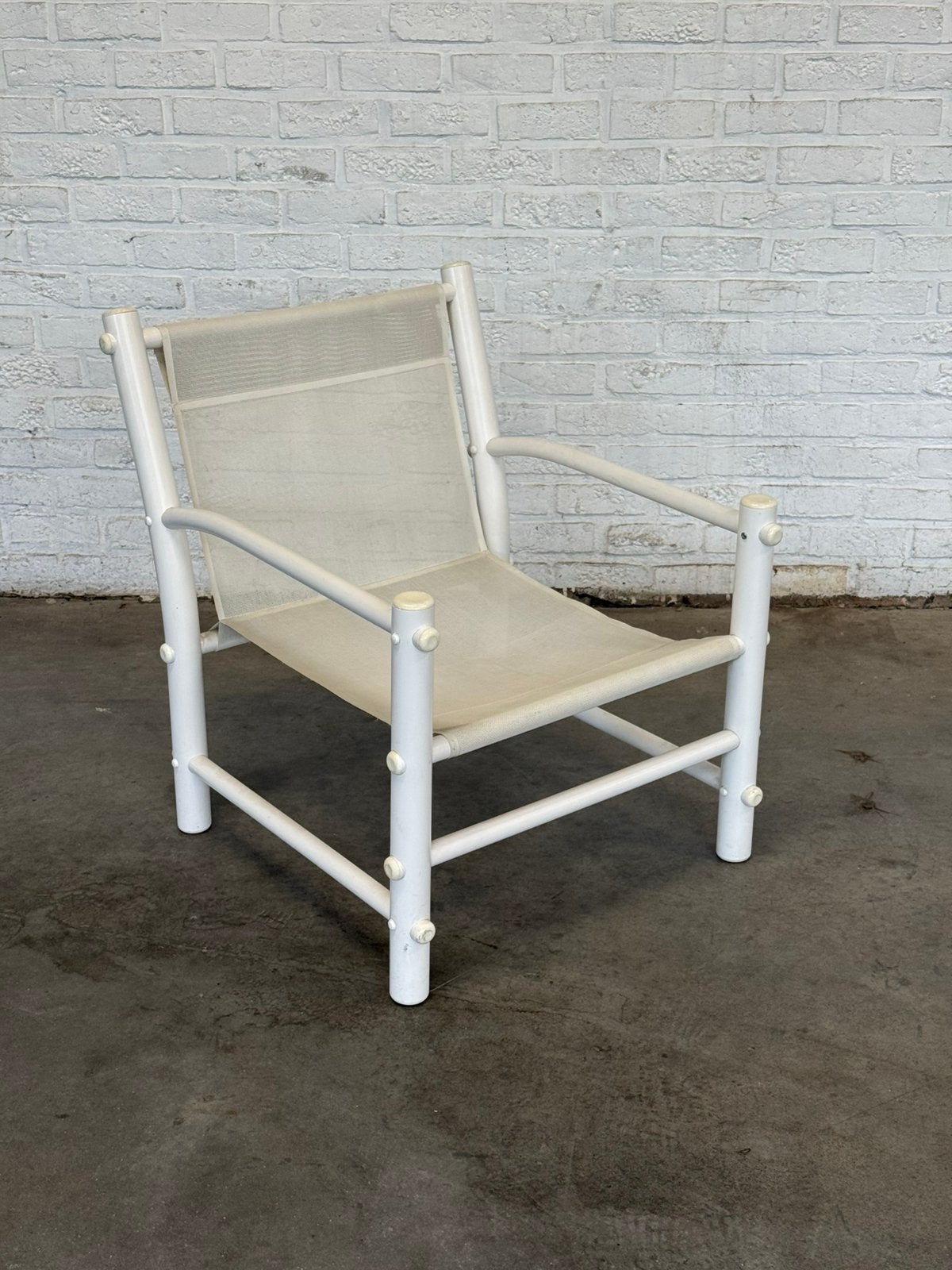 Fauteuil vintage années 70 — Structure tubulaire PVC / Mesh, Jardin & Terrasse, Chaises de jardin, Utilisé, Plastique, Enlèvement
