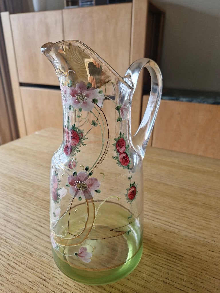 Antieke glazen waterkan met bloemen, Antiek en Kunst, Ophalen