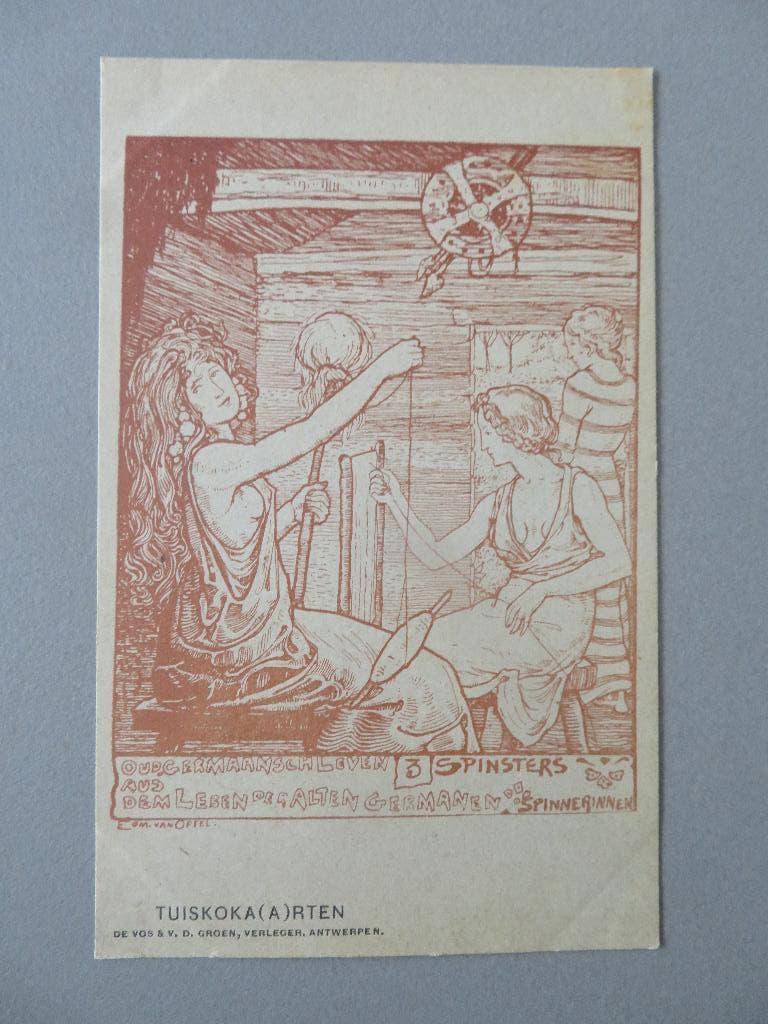 Edmond van Offel PK oud Germaansch Leven 3 spinsters, Enlèvement ou Envoi, Avant 1920, Non affranchie, Artisanats et Métiers