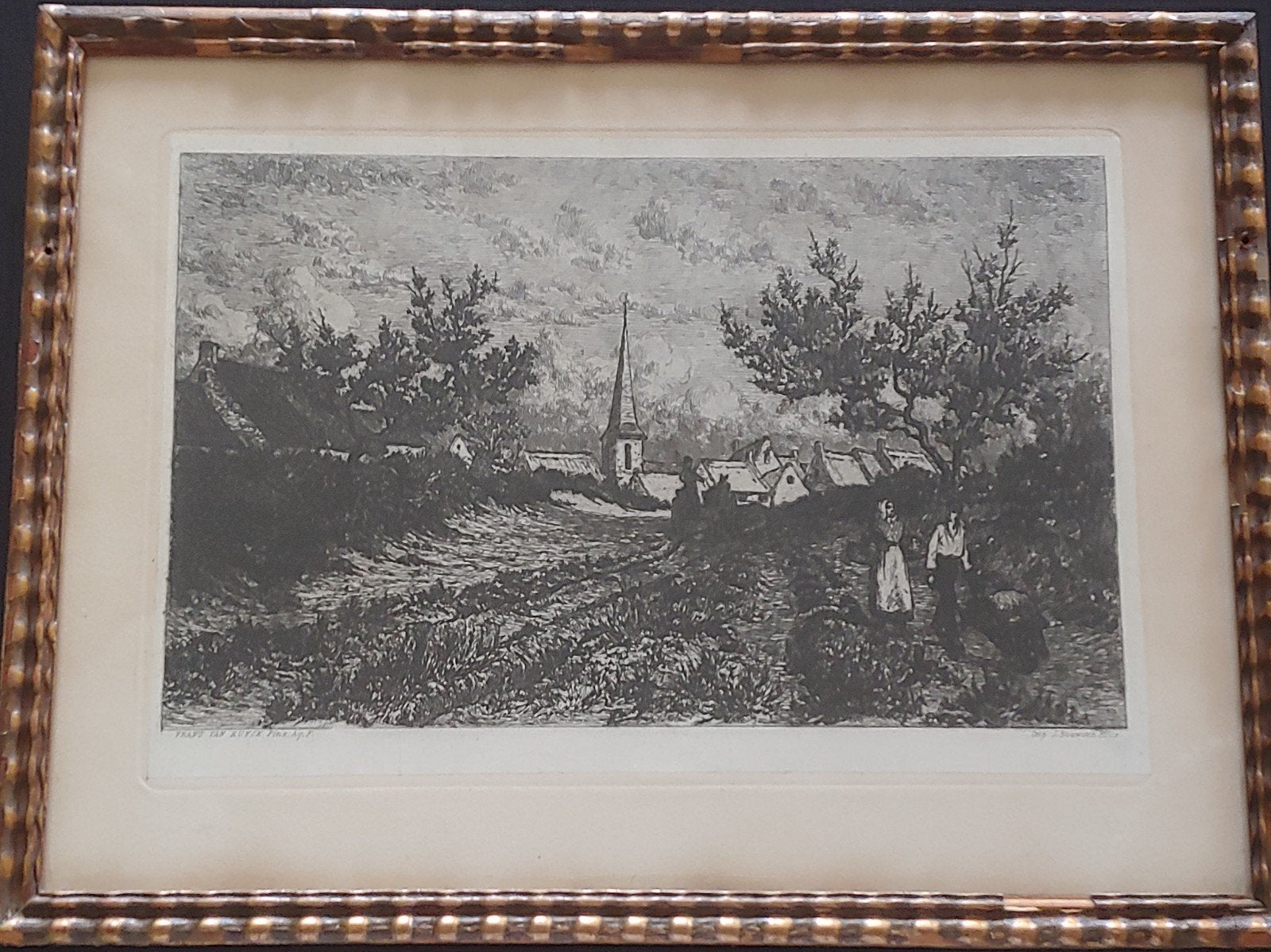 Franz Van Kuyck ca.1860 antieke lijst met handgesneden glas, Antiek en Kunst, Kunst | Etsen en Gravures, Ophalen, 1800 - 1899