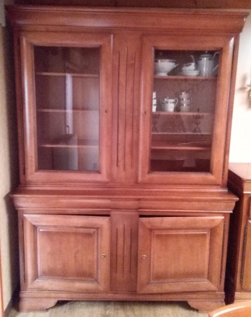 Vitrinekast kersen massief + fineer (2 losse delen), Huis en Inrichting, Kasten | Vitrinekasten, Ophalen, Glas, Met deur(en), 200 cm of meer