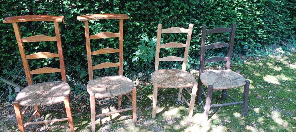 4 authentieke antieke massief houten kerkstoelen, Ophalen, Gebruikt, Bruin, Vier