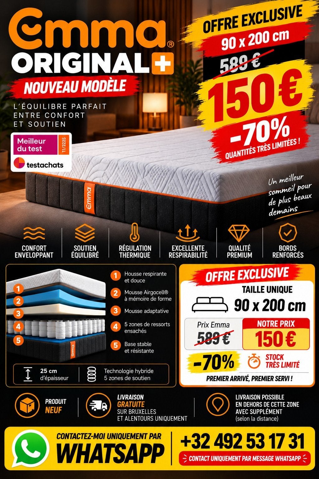 Matelas Emma Original+ Hybride 90x200 NEUF – 150 €, Maison & Meubles, Neuf, 90 cm, Matelas, Enlèvement ou Envoi