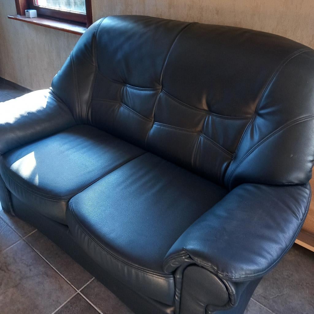 Mooi lederen salon donkerblauw, Ophalen, Gebruikt, Leer, Rechte bank