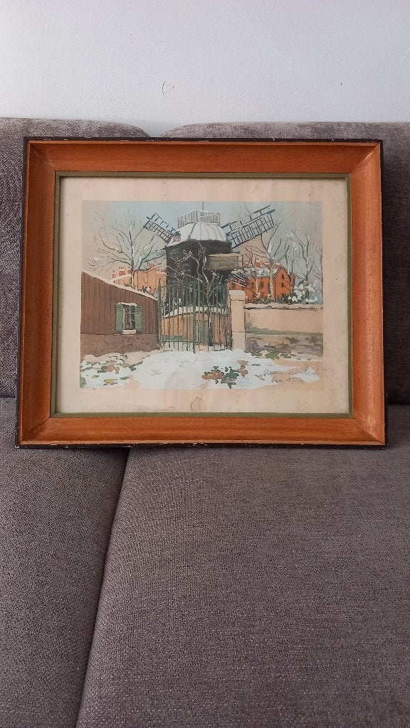 Schilderijen gesigneerd Maurice Utrillo, Ophalen of Verzenden, Achter glas, Aquarel, Stads- / dorpsgezicht