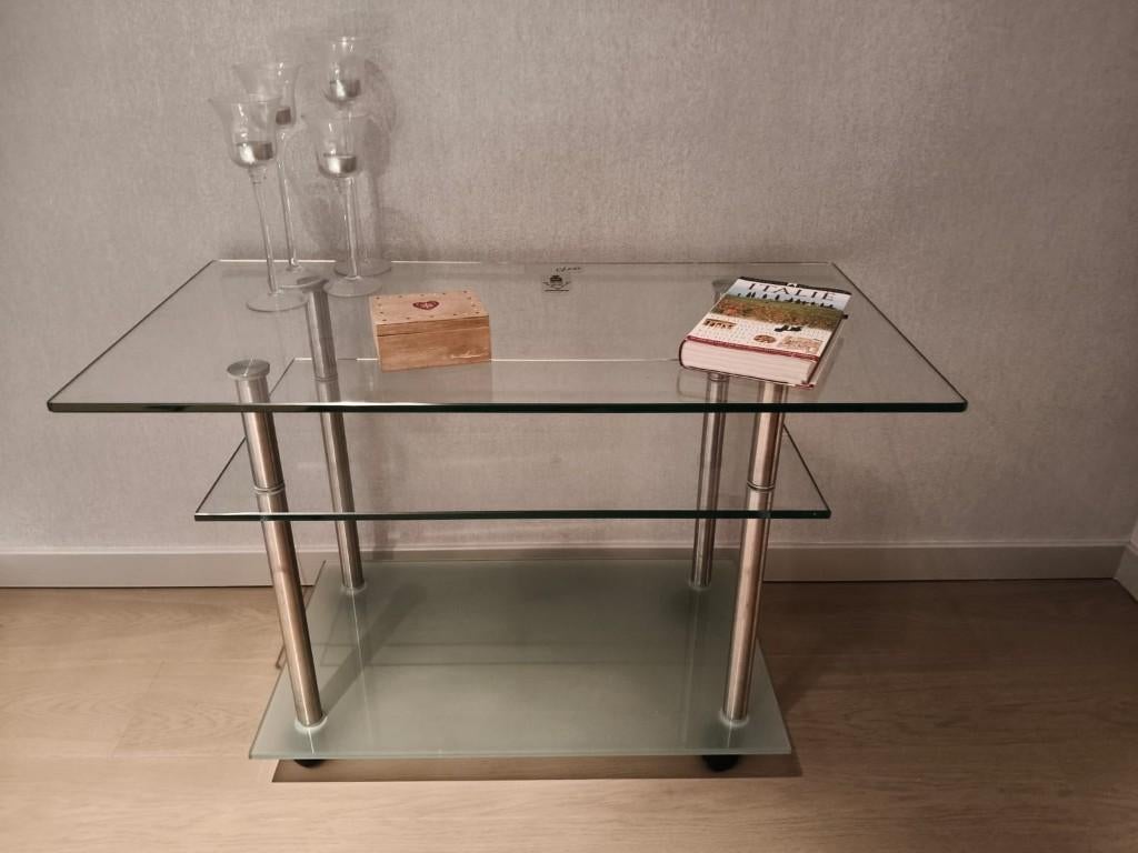 Table de télévision roulante en verre, Enlèvement, Comme neuf, Verre, Moderne