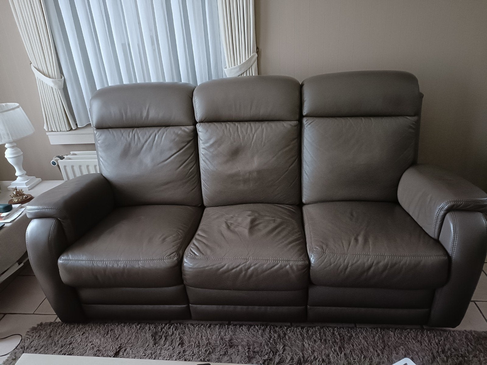 Lederen salon 1 en 3 zit kleur taupe, Ophalen, Gebruikt, Leer