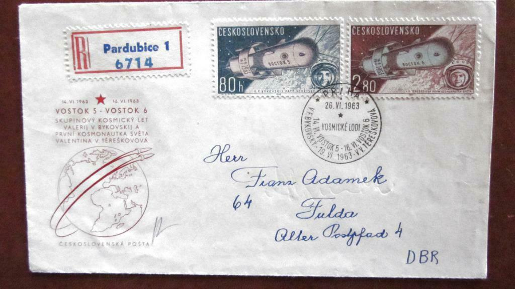FIRST DAY COVER- THEMA RUIMTEVAART- VOSTOK- TJECHOSLOVAKIJE, Ophalen of Verzenden, Gestempeld, Overige thema's