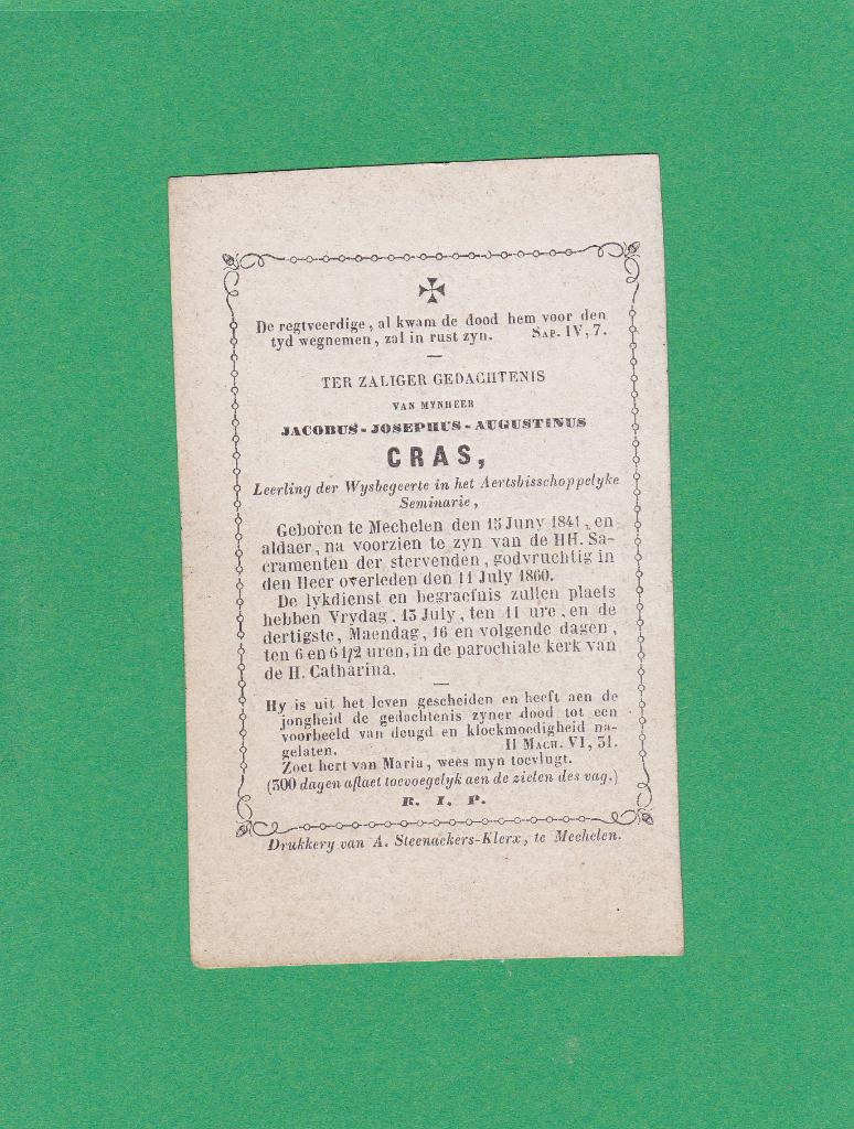 DP Jacobus Josephus Augustinus Cras, Envoi, Image pieuse