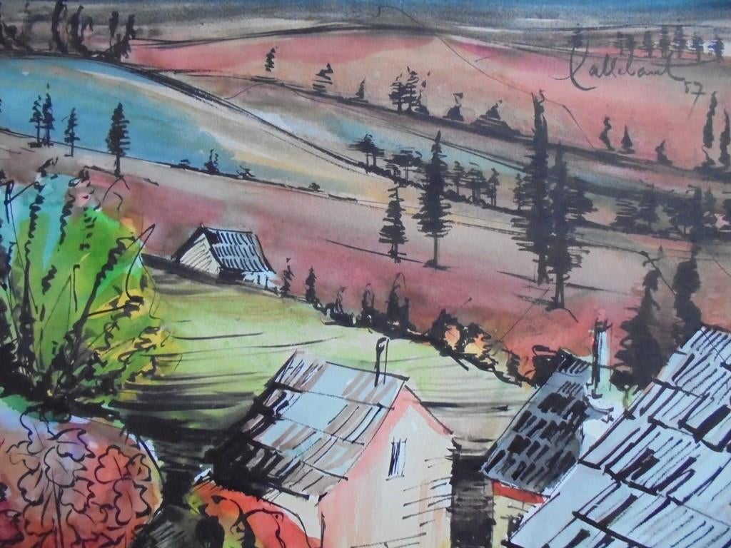 Nicole Callebaut  2  Aquarel Dorpsgezicht, Antiek en Kunst, Verzenden