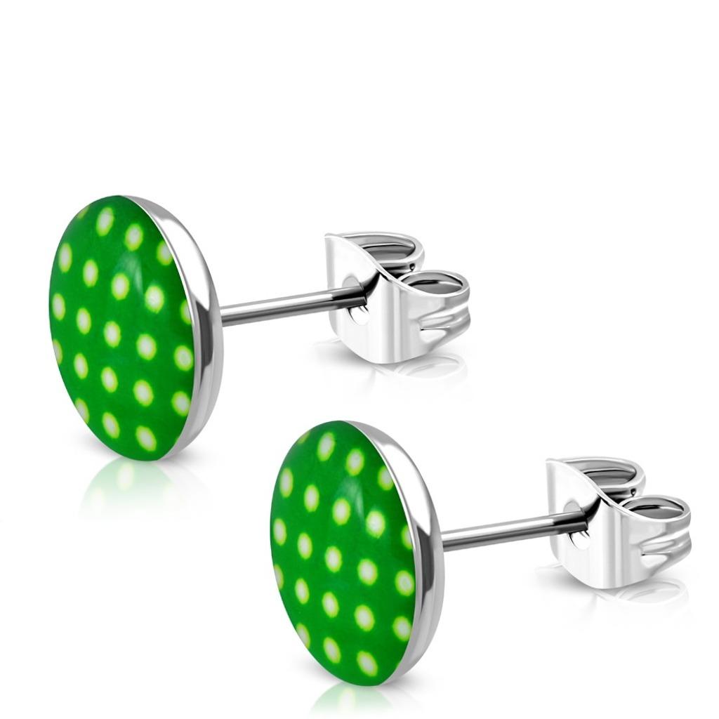 Ronde oorbellen staal groen met witte stippen, Handtassen en Accessoires, Oorbellen, Ophalen of Verzenden, Nieuw, Groen