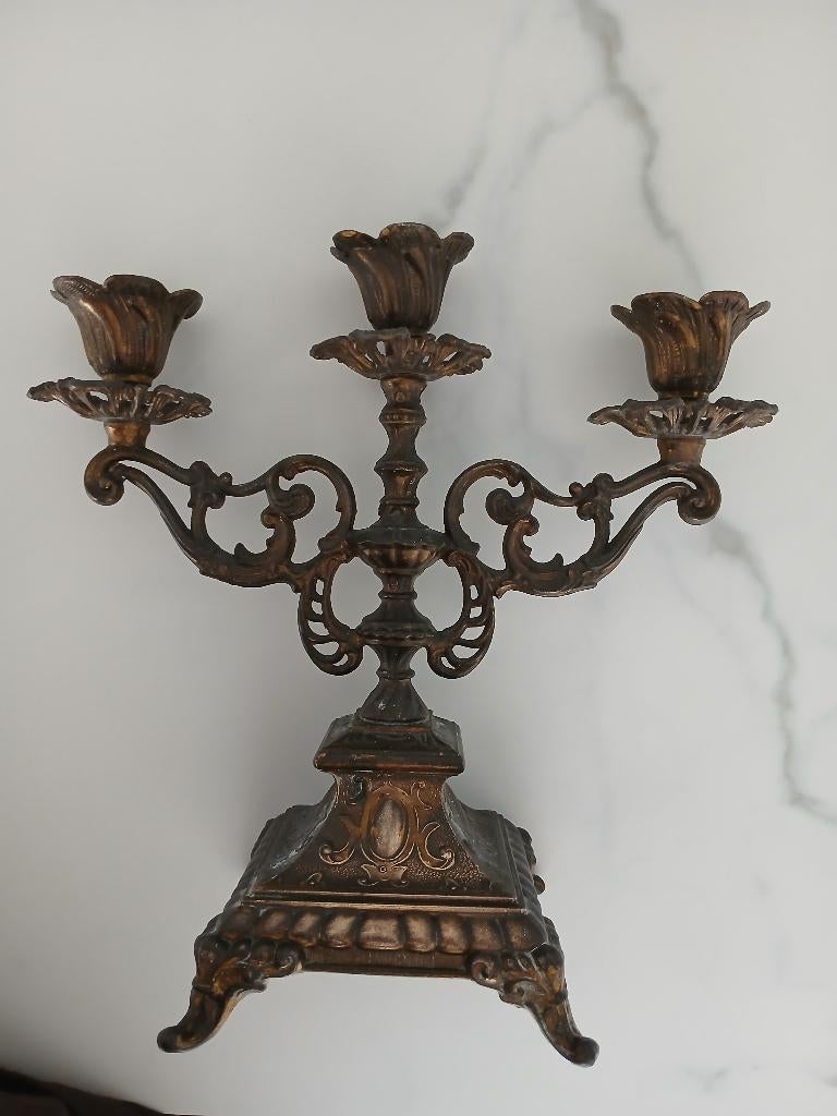 antieke koperen kandelaar 3-arm, Ophalen of Verzenden, Koper of Brons
