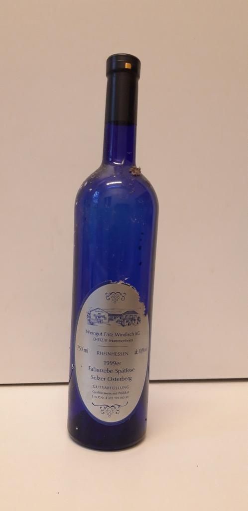 Oude blauwe wijnfles, leeg, Rheinhessen  1999 er, Verzamelen, Wijnen, Ophalen of Verzenden, Gebruikt