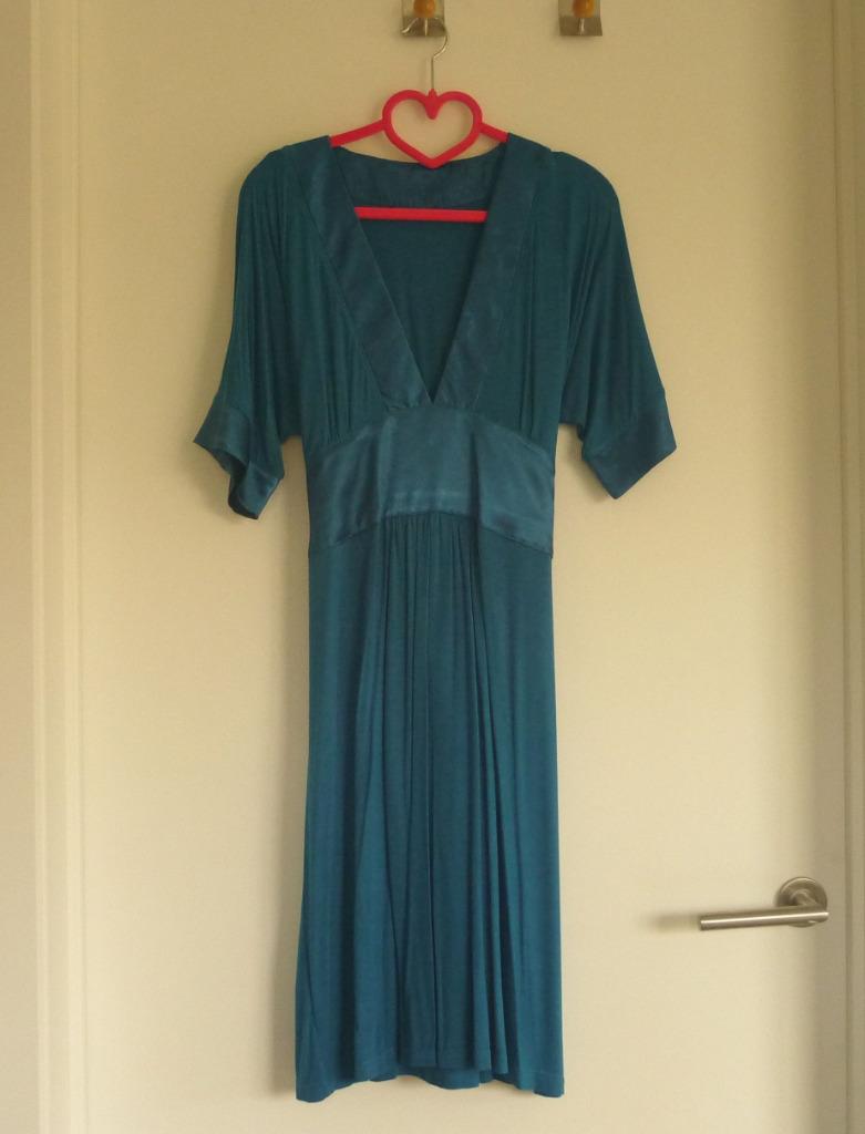 Turquoise groene jurk kleed met satijn en lint Maat 38, Ophalen of Verzenden, Maat 38/40 (M)