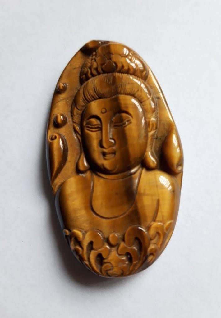 Japan handgesneden Tijgeroog (halfedelsteen) Boeddha buste, Antiquités & Art, Art | Art non-occidental, Envoi