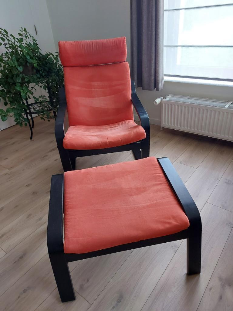poang stoel + voetenbank oranje, Ophalen, Eenpersoons, Minder dan 75 cm, Zo goed als nieuw
