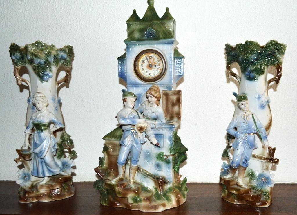 Antiek porcelein klokstel driedelig, Ophalen of Verzenden