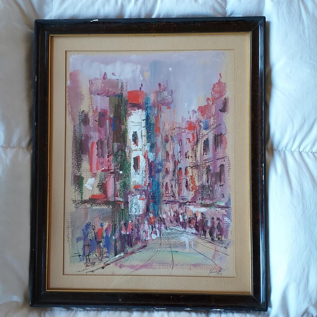 Schilderij stadszicht, Antiek en Kunst, Kunst | Schilderijen | Modern, Ophalen