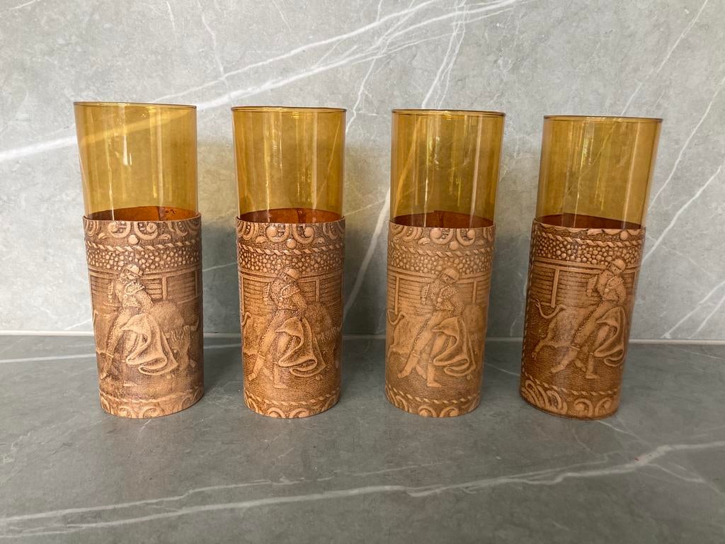 Oranje glazen met bedrukte hoes, 4 stuks, Verzamelen, Ophalen, Gebruikt