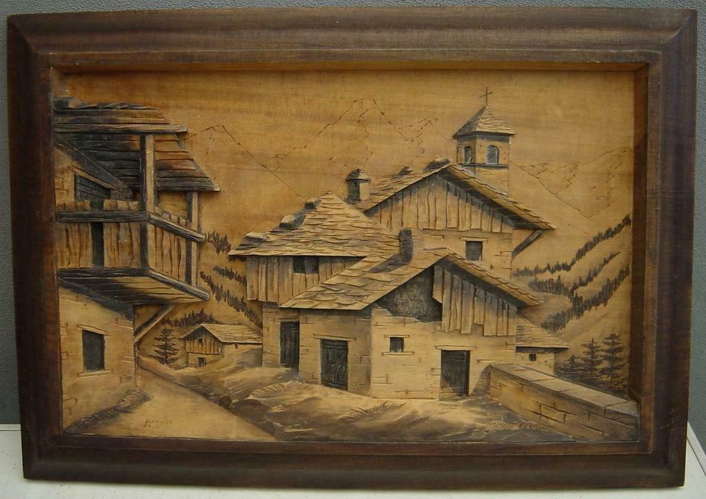 Antiek artisanaal 3D houtsnijwerk Bergdorp, Antiek en Kunst, Ophalen of Verzenden