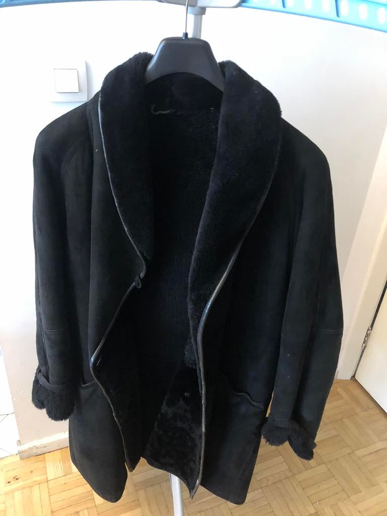 Manteau en daim avec fausse fourrure - Taille : 44, Enlèvement, Porté, Taille 46 (S) ou plus petite, Noir