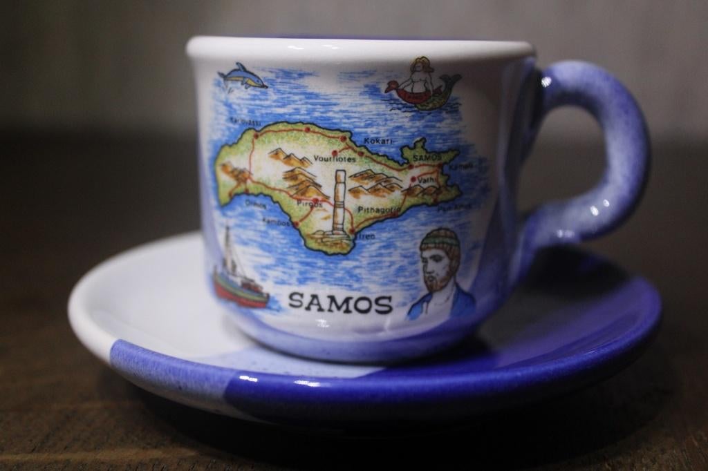 Mokkatasje Samos wit/blauw, Ophalen of Verzenden, Zo goed als nieuw, Porselein, Kop en/of schotel