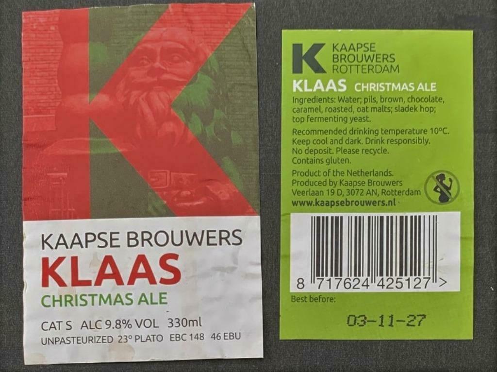 Bieretiket K Christmas Brouwerij Kaapse Brouwers (2x9), Ophalen of Verzenden, Gebruikt, Overige typen, Overige merken