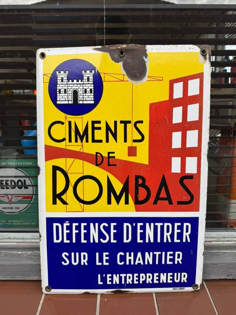 Panneau publicitaire en émail ROMBAS, Enlèvement ou Envoi, Utilisé, Panneau publicitaire